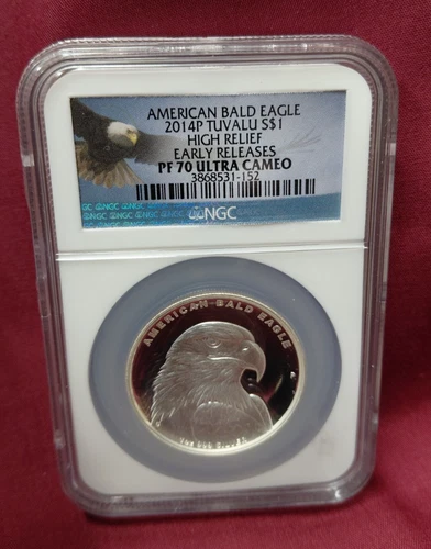 2014 SILVER TUVALU $1 AMERICAN BALD EAGLE HIGH RELIEF NGC PF 70 UC EARLY RELEASE