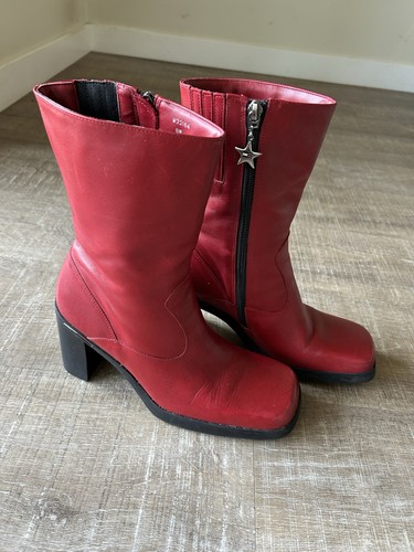 TOMMY HILFIGER Botas Plataforma Gruesas De Colección Años 90 Y2K Cuero Rojo Punta Cuadrada 8M