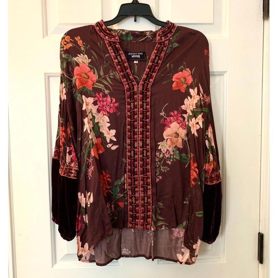 Blusa boho Johnny Was Workshop para mujer de terciopelo floral borgoña manga 3/4 talla S Foto 2 de 4