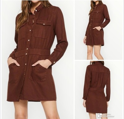 Dear John Claire Button Up Fitted Shirt Dress Brown 100% Tencel Size M $128 NWOT