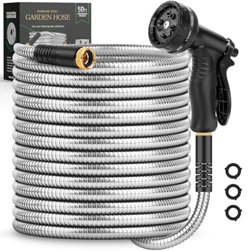 ITSONESTEP GARDEN HOSE 50 FT, METAL STAINLESS STEEL WATER HOSE - STAINLESS STEEL