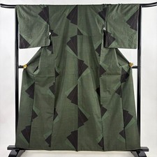 JAPANESE KIMONO TSUMUGI DARK GREEN 162cm 5 ft 4 in PURE SILK FF9992