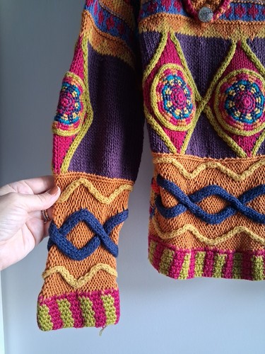 Vintage handgestrickt bunt Strickjacke Pullover blau orange lila 80er 90er Y2K  - Bild 3 von 8