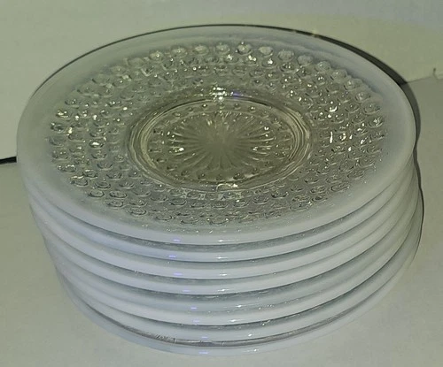 Vintage Depression Era Moonstone Opalescent Hobnail 6" Saucer Plate Glass 8pc