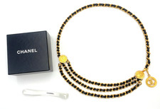 Auth Chanel Vintage Coco Mark Leather Chain Belt Logo 1984 Engraved W/B BA010380