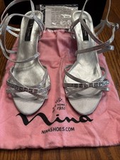 Nina Women  s Silver Strappy Rhinestone Ankle Strap Leather Heels 9M