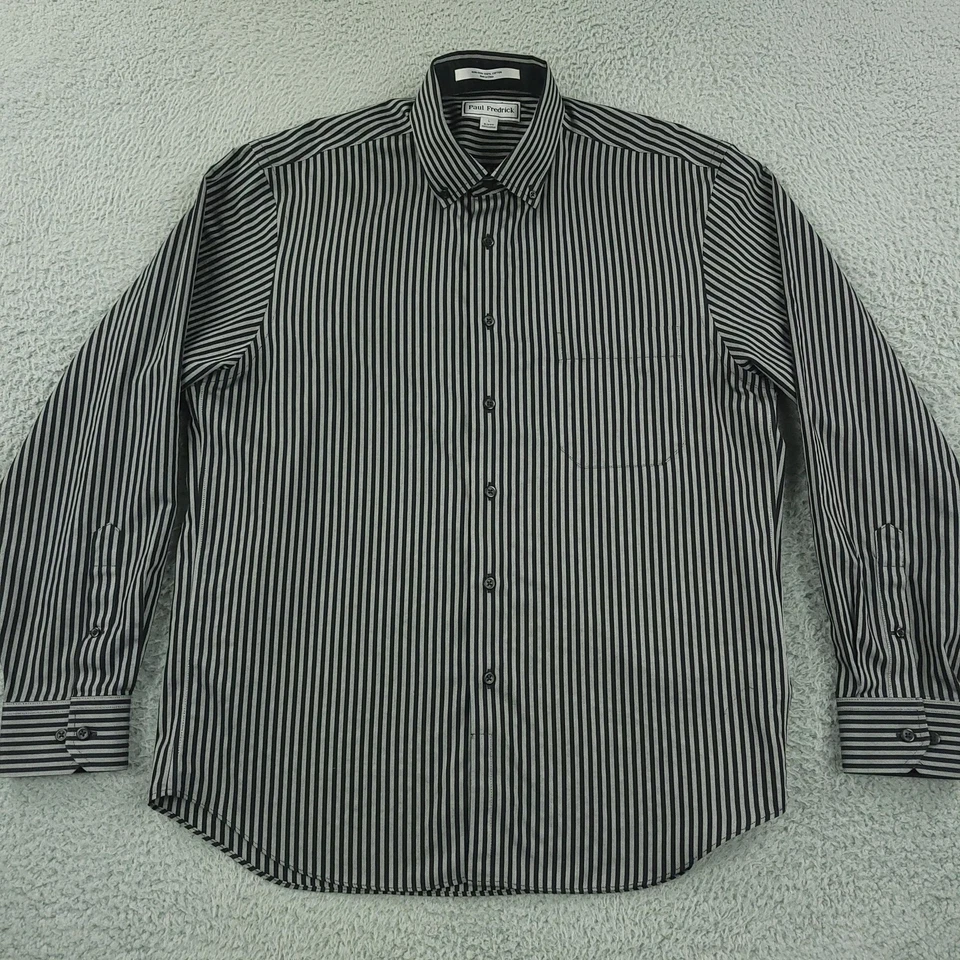 Camisa Paul Fredrick Para Hombre Grande Negra Gris Rayas Calce Ajustado Sin Planchar Abotonada Foto 3 de 4