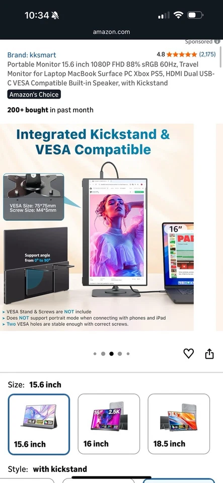 Portable Monitor 15.6 Inch Full HD Computer Display USB C Dual Monitor with - Image 2 of 3