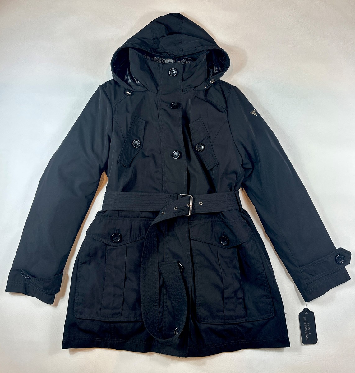 Guess belted coat with hood Clearance