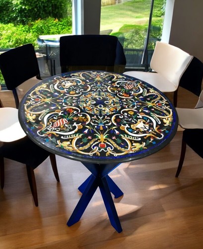 48" Round Black Marble Coffee Table Semi Precious Inlay Marquetry Arts Home Deco - Bild 4 von 7