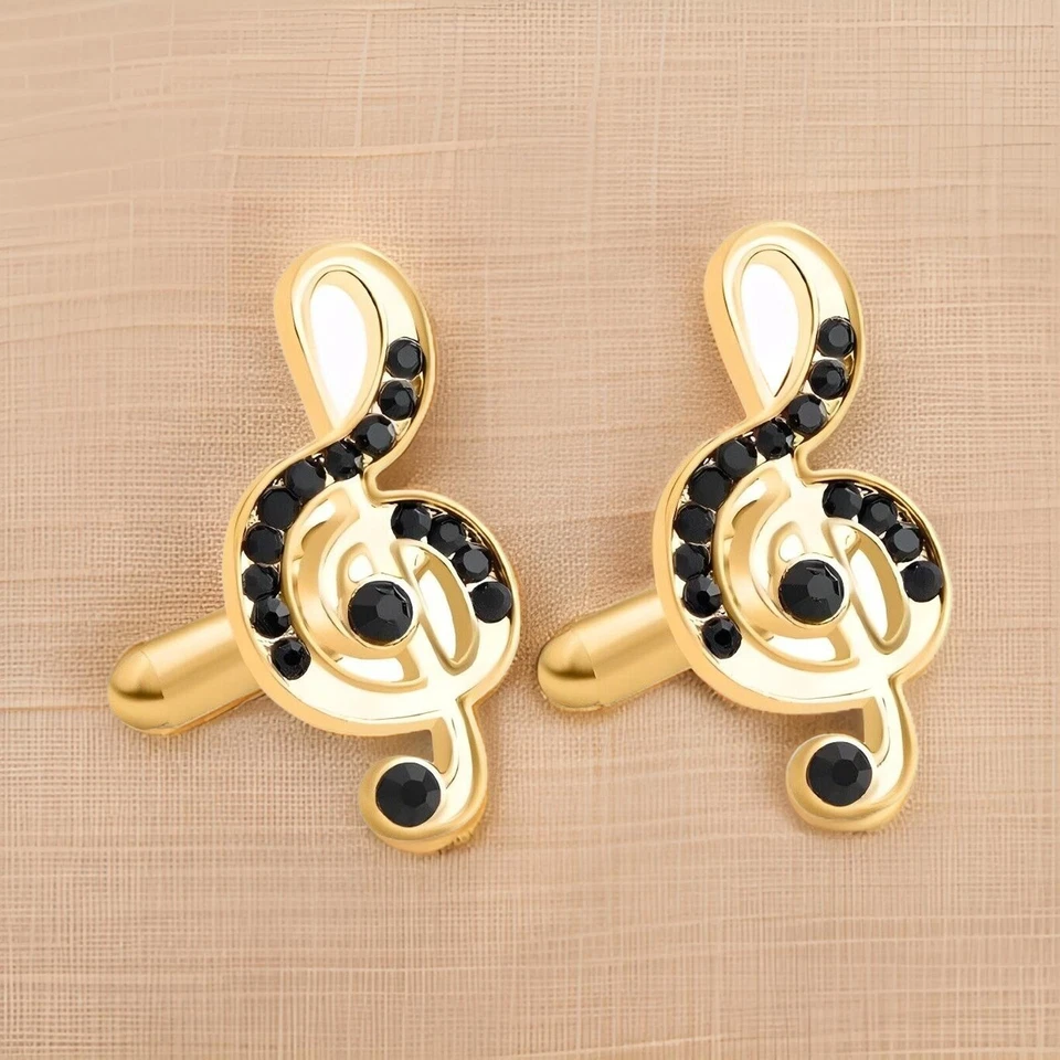 Lab Created Black Diamond Music Lover Cufflinks For Men's 14K Yellow Gold Plated - Image 3 of 4
