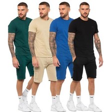 Enzo Mens Tracksuit Set Casual Crew Neck T-shirt Fleece Cargo Shorts 2pc Suit 