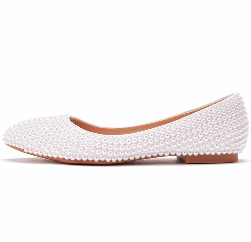 Damen Weiß PerlenSchwanger Schwanger Flache Schuhe Braut Hochzeit Brautschuhe - Bild 9 von 27