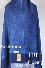 Pashmina Scarf Shawl~Paisley Black Royal Blue;30%Silk 70%Cashmere~Soft*027