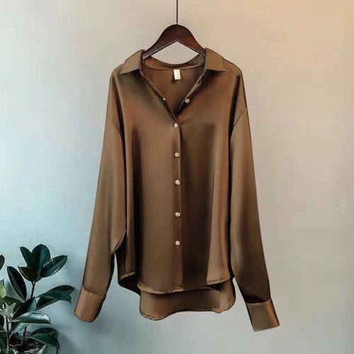 Ladies Casual Satin Silk Solid Shirt Baggy Button-up OL Work Blouse Womens Tops - Picture 33 of 33