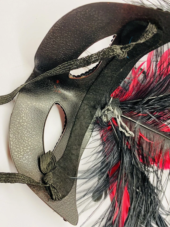 Vintage Black & Red Masquerade Mask With Feathers  - Image 4 of 4