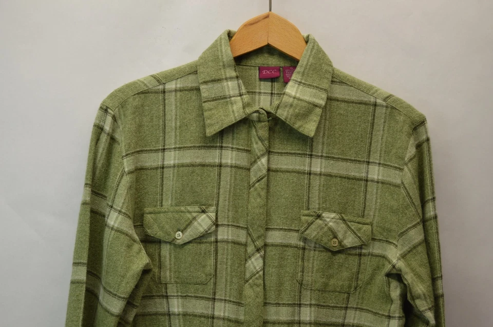 Camisa de franela DCC para mujer XL verde a cuadros cremallera campamento costa caminata solapa bolsillo retro Foto 3 de 4