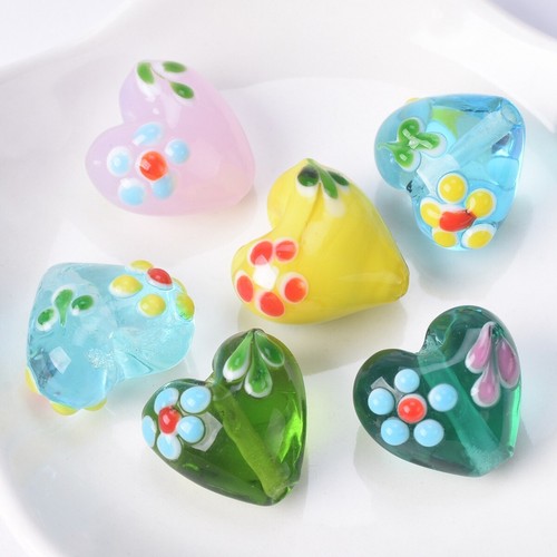 5pcs Handmade Heart 16x14mm Flower Pattern Lampwork Glass Loose Crafts Beads - Picture 4 of 15