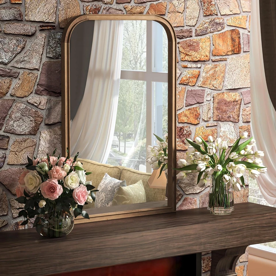 24"X36" Solid Wood Bathroom Mirror Tempered Glass for Wall Mounted, Rustic Wood - Image 3 of 4