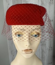Vintage 1950-60s Red Velvet Pillbox Hat w/ Birdcage Veil Rockabilly Retro