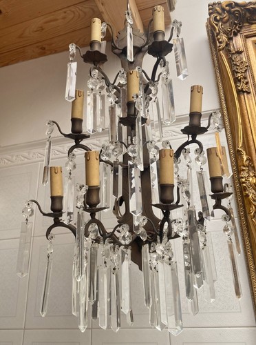 Bronze lamp/chandelier with nine arms and large spear crystals H 77 cm - Picture 5 of 14
