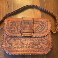 Vintage 1970s Leather Hand Tooled Embossed Purse , Mexico, Scene Ornate