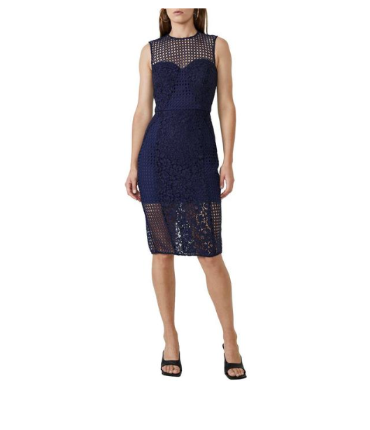 BARDOT MIXED LACE NAVY SHEATH COCKTAIL DRESS US 6/ UK 10