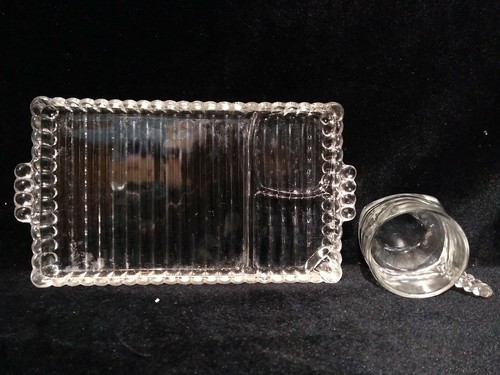Set 7 Vintage Hazel Atlas Kugel Rippe Perlen Glas Mittagessen Snack Tablett Schale mit Tassen - Bild 4 von 5