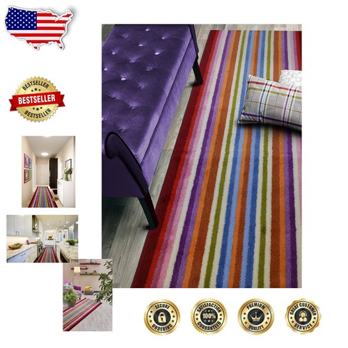 Customizable Slip-Resistant Hallway Runner Rug - 26 Inch Wide, Colorful Stripes