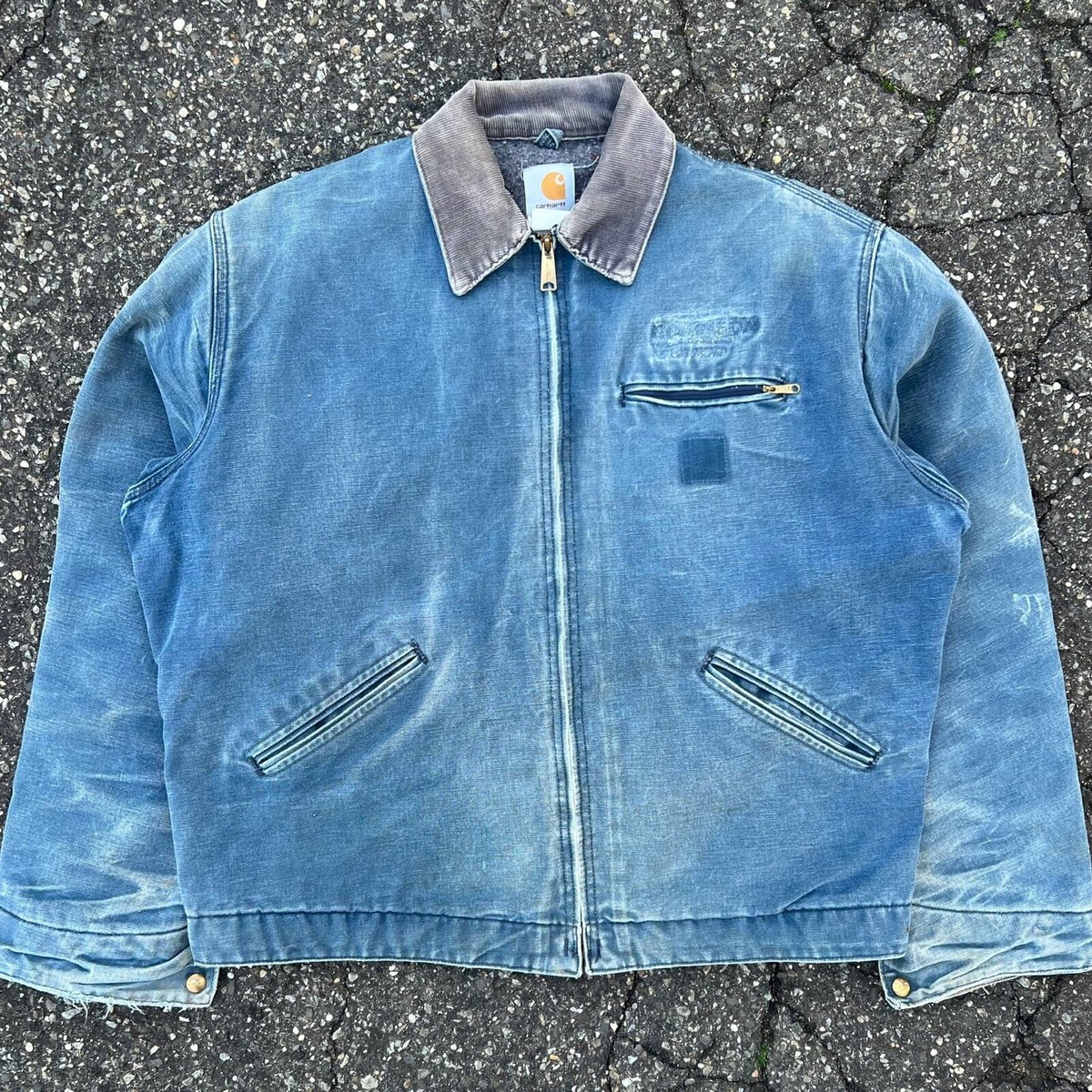 ジャケット・アウター carhatt damage faded traditional jacket Vintage crazy faded light blue carhartt detroit work wear