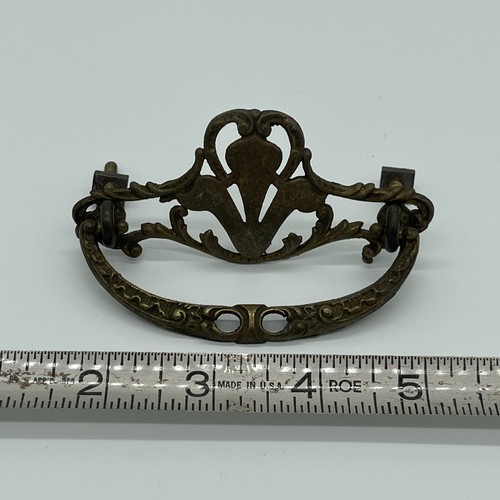 Genuine Antique Cast Brass Drawer Pull Dresser Cabinet w/ Hardware Bail Pull