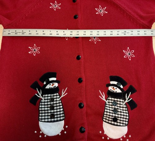Cardigan rosso vintage anni 90 Mandal Bay XL pupazzo di neve, fiocchi di neve e perle cotone - Foto 12 di 15