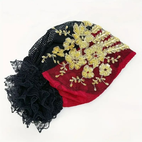 Gorro rojo con cuentas doradas transpirable envoltura para la cabeza y gorra de quimioterapia para mujeres y niñas - Imagen 7 de 15