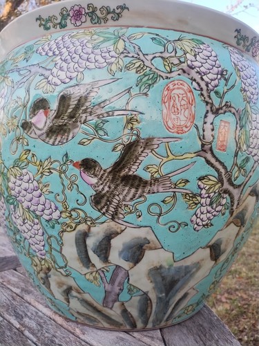 Giant Enameled Birds & Grapes Chinese Export Porcelain Fish Bowl Planter 21" Dia - Picture 9 of 24