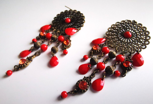 Vintage Chandelier Red Glass Brass Earrings - Picture 6 of 7