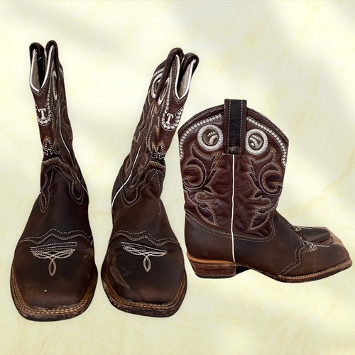 Innovation Brown / White Leather Square Toe Western Cowboy Kids Boots Size: 7 - Picture 1 of 10