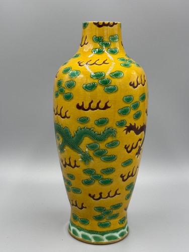 Antique Early 19th c Chinese Twin Dragons Kangxi Sancai Vase 11 1/2 " - Picture 4 of 12