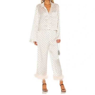 L Academie The Chantal Pant & Shirt Blouse Set S Silky Satin Polka Dot S