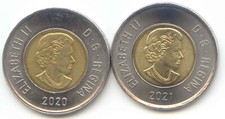 Canada 2020 2021 Toonies Toonie Canadian 2 $2 Two Dollar - 2 Coins Exact Set