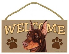 Welcome Doberman Brown Cute Hanging Dog Sign 10"x5" Great Gift Wood Plaque 733