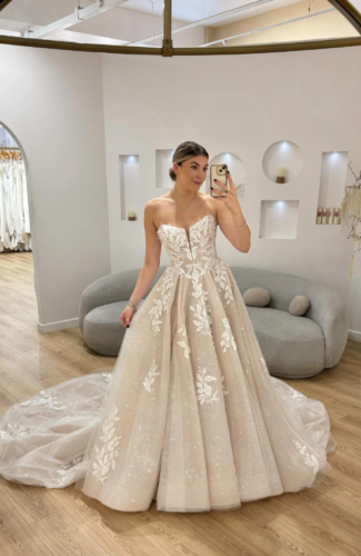 Champagne Wedding Dresses Strapless Glitter Lace Applique A Line Bridal Gown - Picture 3 of 9
