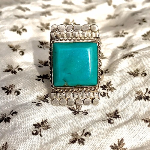 Anello da uomo in argento turchese quadrato blu enorme nativo pedone Navajo anni '30 - Foto 5 di 10