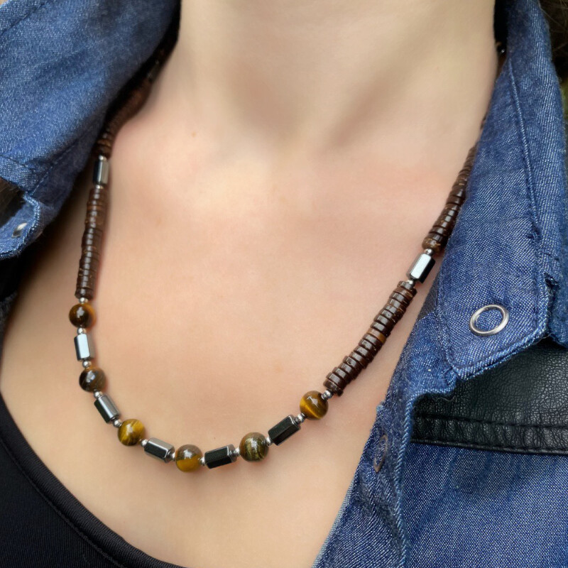 Collier oeil de tigre contre le stress, bijoux en pierres naturelles et hématite d'ancrage