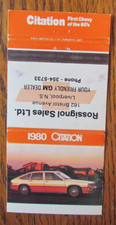 1980 CHEVROLET CAR DEALER MATCHBOOK COVER: ROSSIGNOL LIVERPOOL, NS MATCHCOVER D5