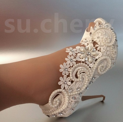 Zapatos de novia su.cheny 3"" 4"" tacón satén blanco marfil perlas de encaje puntera abierta boda zapatos de novia - Imagen 4 de 12