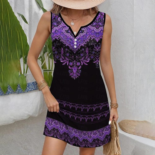 Boho Sexy Women Print Button V Neck Dress Ladies Holiday Party Casual Sundress - Picture 23 of 25