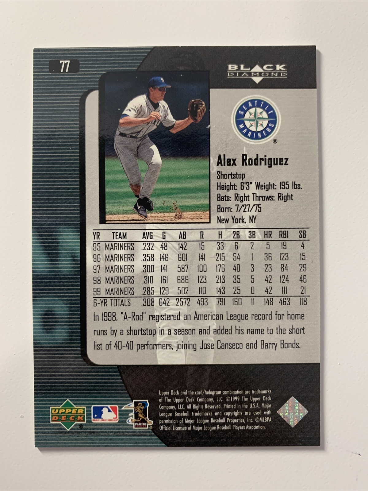 2000 Upper Deck Black Diamond Baseball 77 Alex Rodriguez Seattle