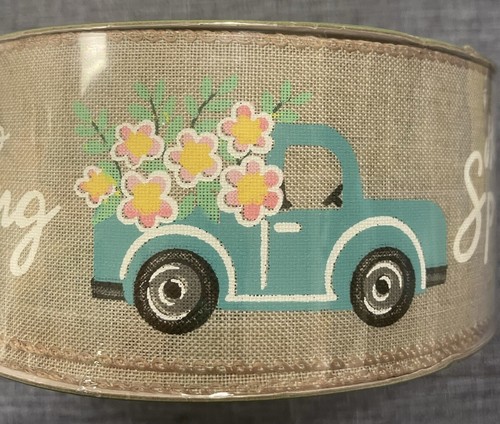 NEW WIDE HELLO SPRING VINTAGE PICK UP TRUCK PREMIUM WIRED RIBBON - Picture 2 of 3