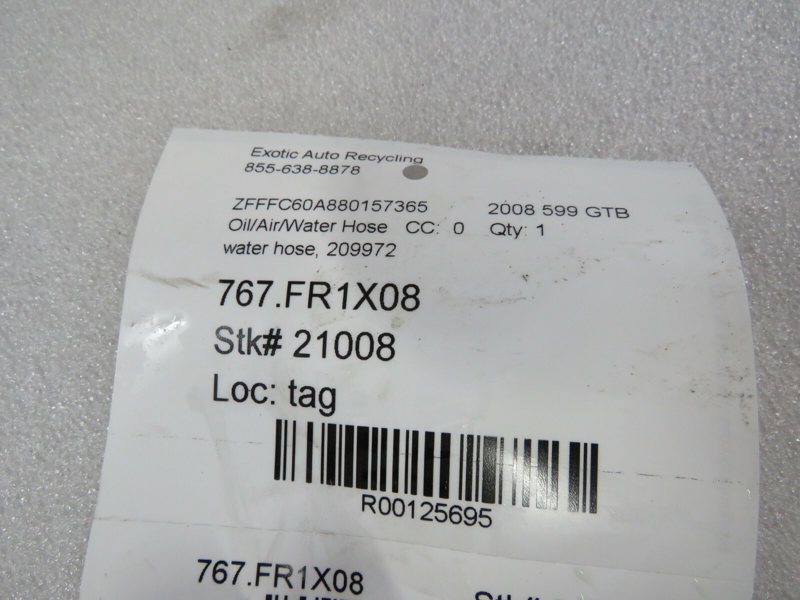 Ferrari 599 GTB, Water Return Hose, Used, P/N 209972