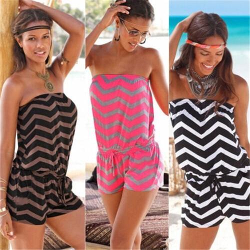 UK Women Ladies Off Shoulder Strapless Playsuit Beach Shorts Jumpsuit Mini Dress - Picture 2 of 29